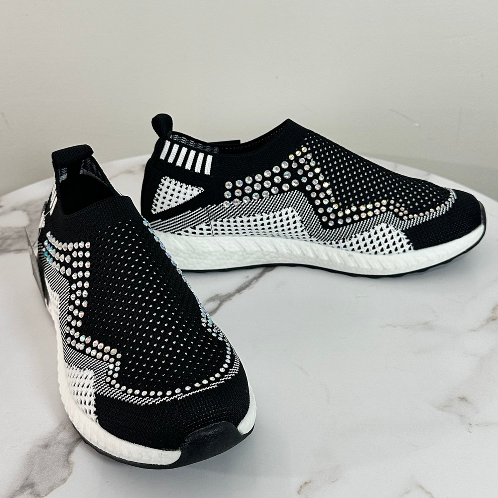 Bernie Mev Womens Black White Rhinestone Slip On Comfort Sneakers Size 37 US 6.5